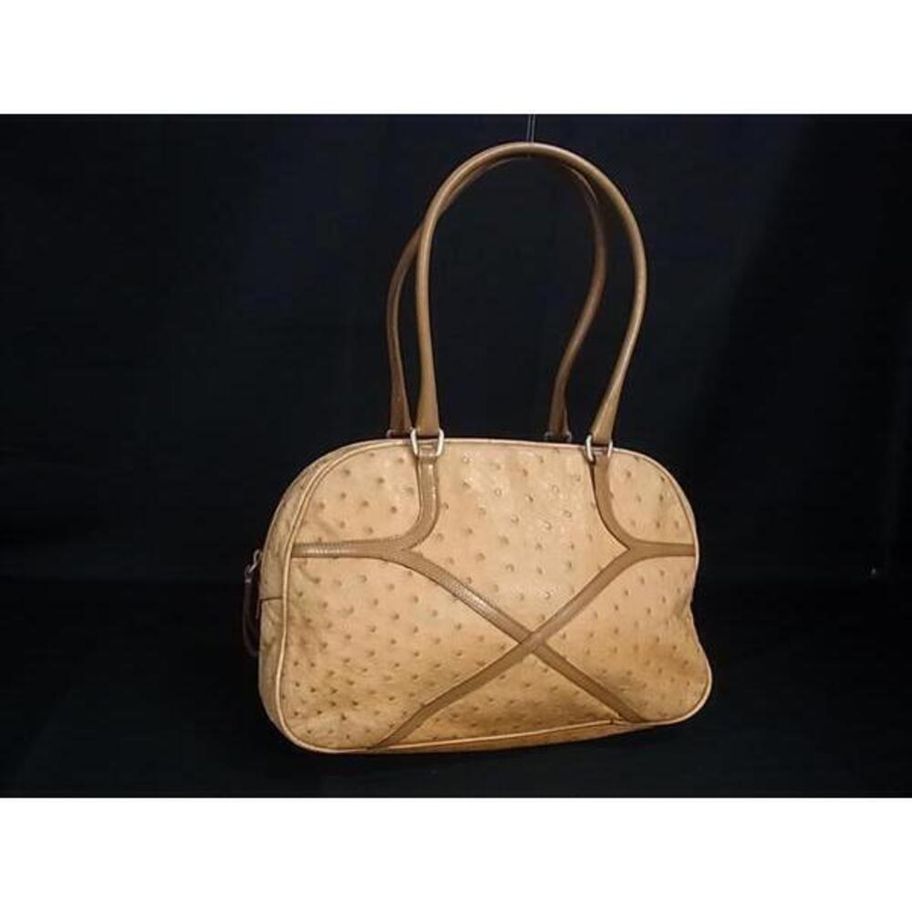 PRADA Ostrich Handbag Shoulder Tote Bag Beige
